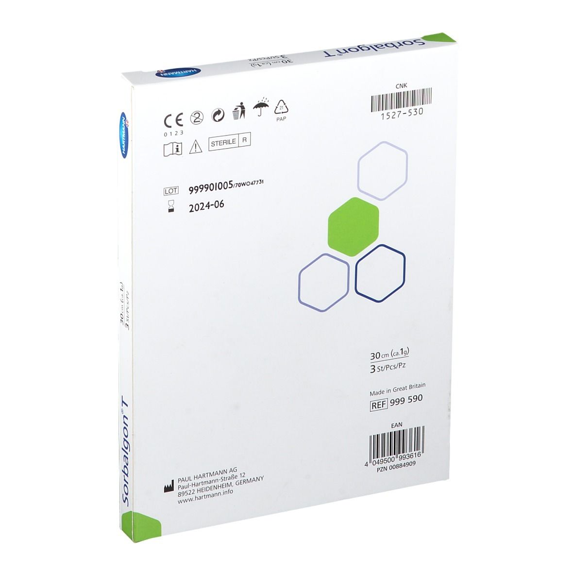 Dos de l'emballage Sorbalgon T. Informations sur le produit, numéro de lot, date de péremption et adresse du fabricant. Logo Hartmann.