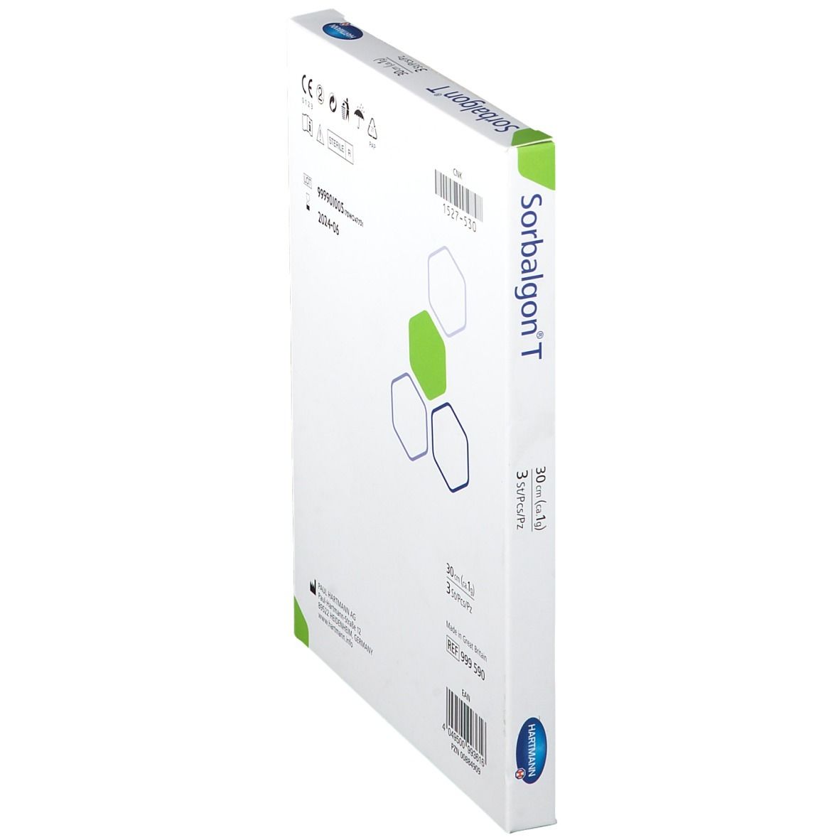 Vue latérale de l'emballage Sorbalgon T. Nom du produit et logo Hartmann. Inscription: 30cm (ca. 1g) et 3 pièces.