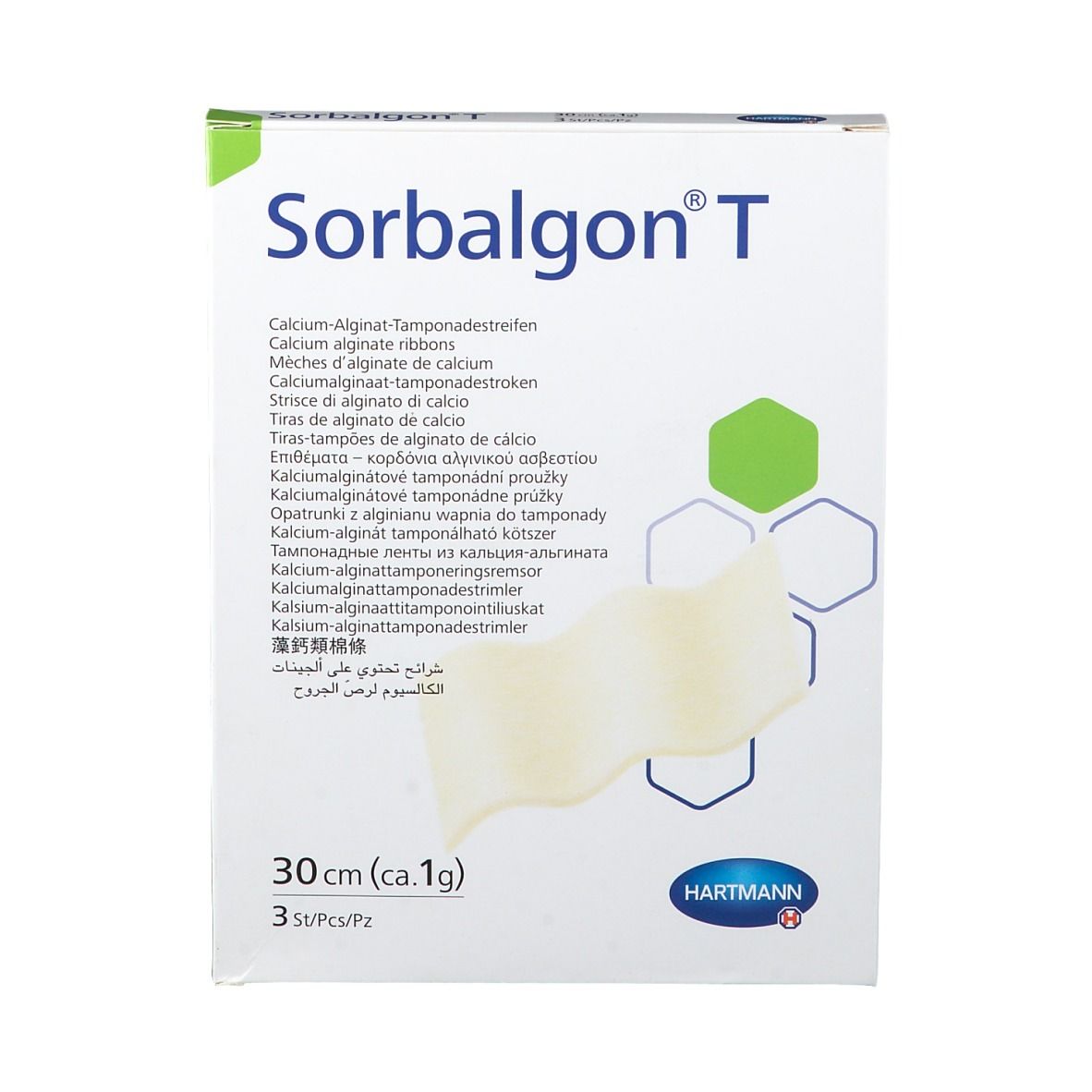 Vue de face de l'emballage Sorbalgon T. Nom du produit et description en plusieurs langues. Inscription: 30cm (ca. 1g) et 3 pièces. Logo Hartmann.