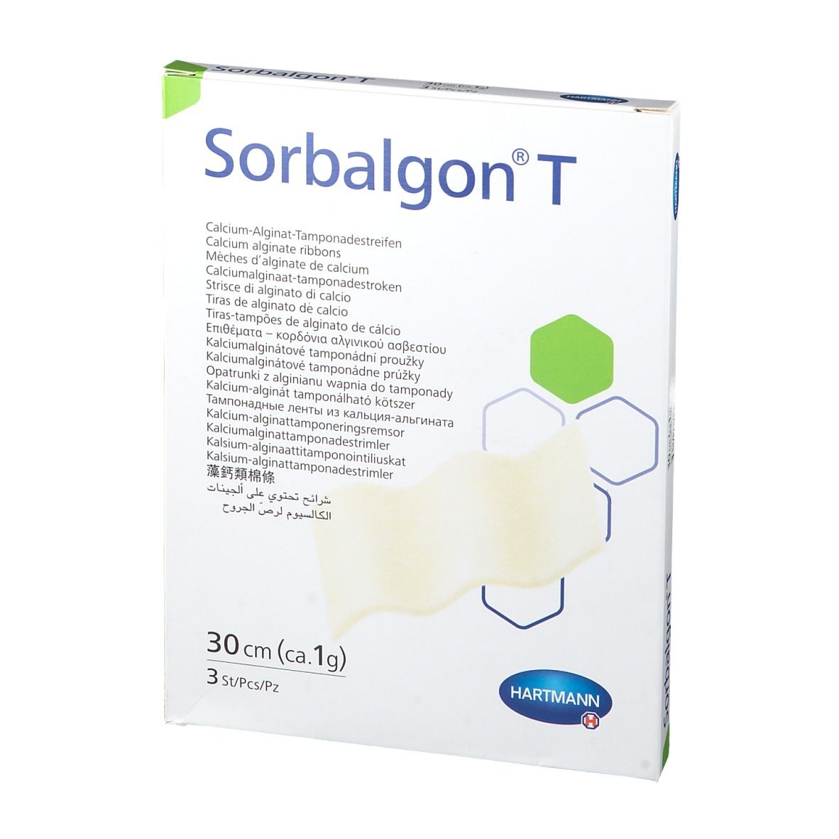 Vue de face de l'emballage Sorbalgon T. Nom du produit et description en plusieurs langues. Inscription: 30cm (ca. 1g) et 3 pièces. Logo Hartmann.