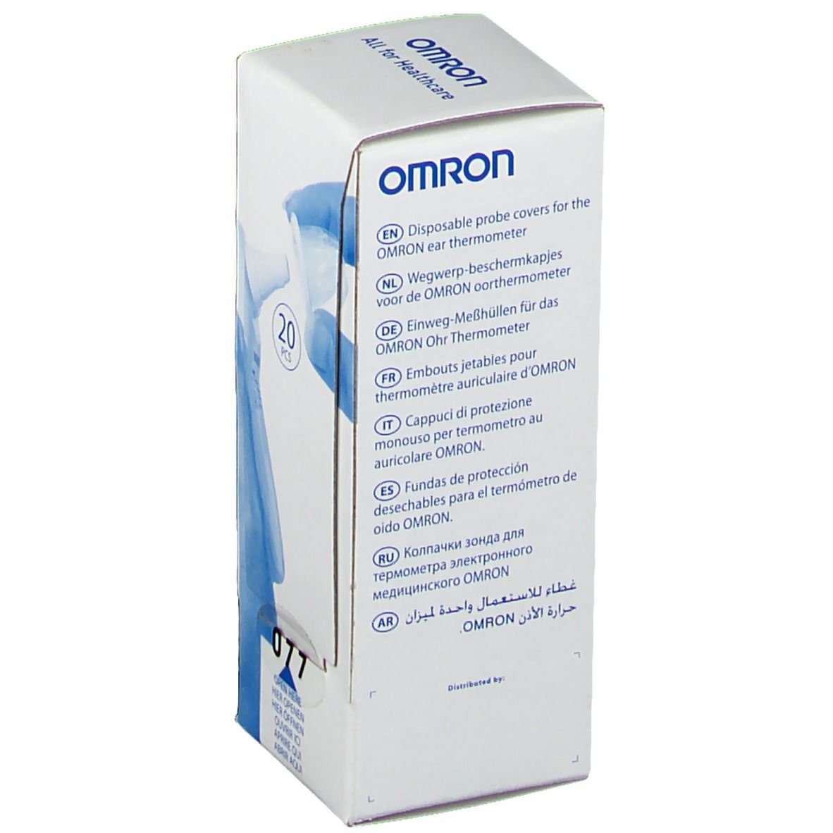 Boîte blanche OMRON avec texte multilingue : embouts jetables pour thermomètre auriculaire.