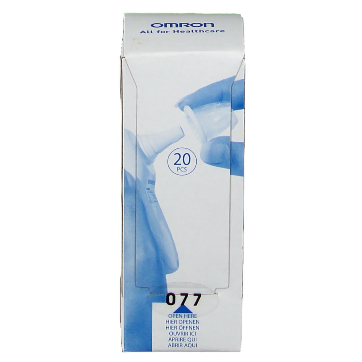 Boîte blanche OMRON avec illustration d'embouts pour thermomètre auriculaire. Contient 20 pièces. Inscription : 077.