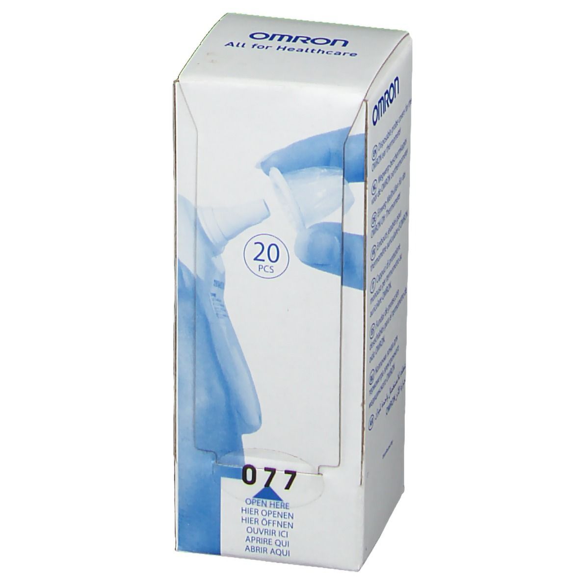 Boîte blanche OMRON avec illustration d'embouts pour thermomètre auriculaire. Contient 20 pièces. Inscription : 077.