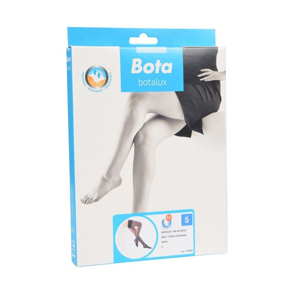 Emballage de bas Bota Botalux. Image d'une femme portant des bas. Nom du produit et taille 5 visibles.