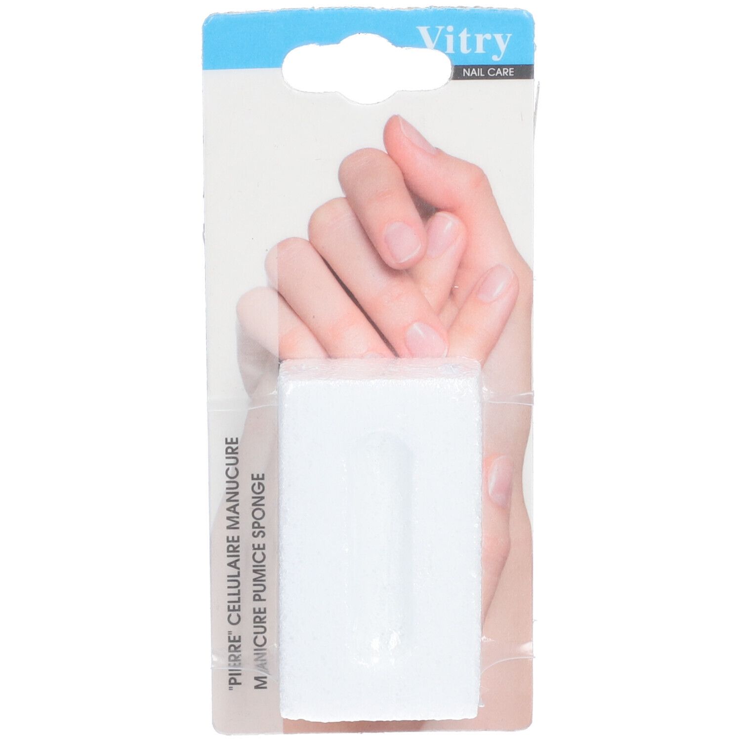 Pierre ponce cellulaire Vitry pour manucure-pédicure, blanche, emballée. Main en arrière-plan.