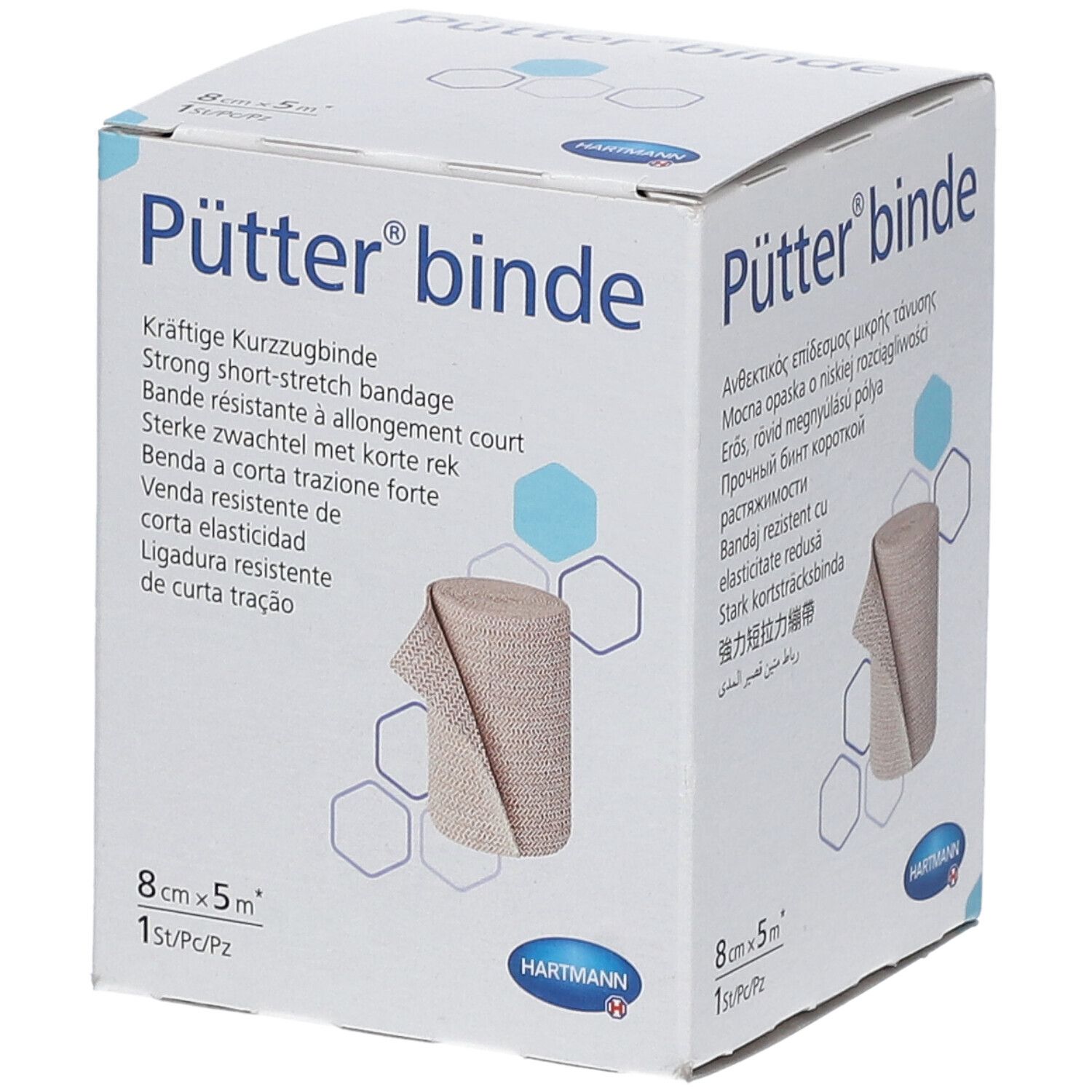 Boîte de bandage Pütter. Rouleau de bandage beige, 8cm x 5m. Logo Hartmann. Informations multilingues.