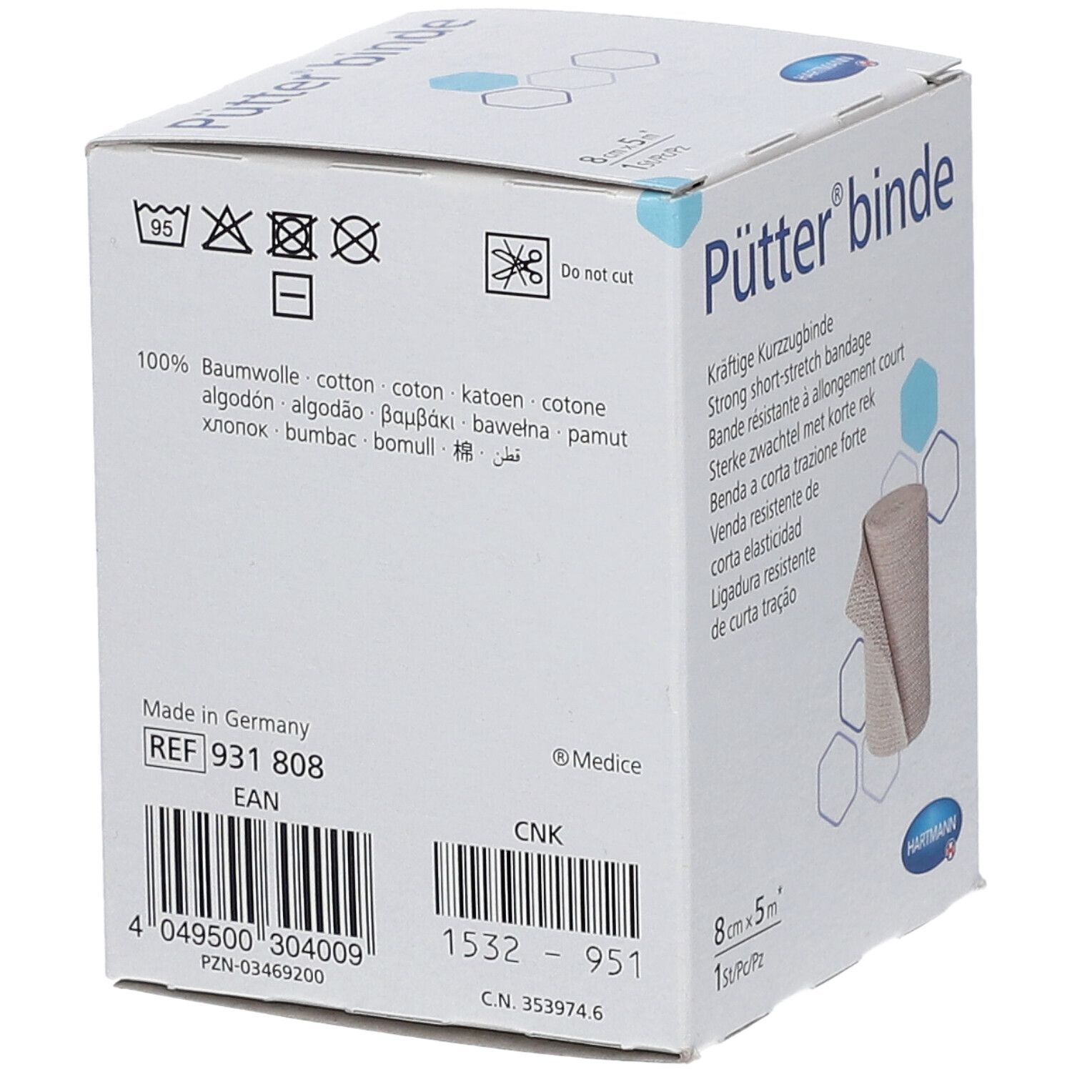 Dos de l'emballage. Pütter binde. Code produit, code-barres, informations fabricant, symbole coton, dispositif médical.