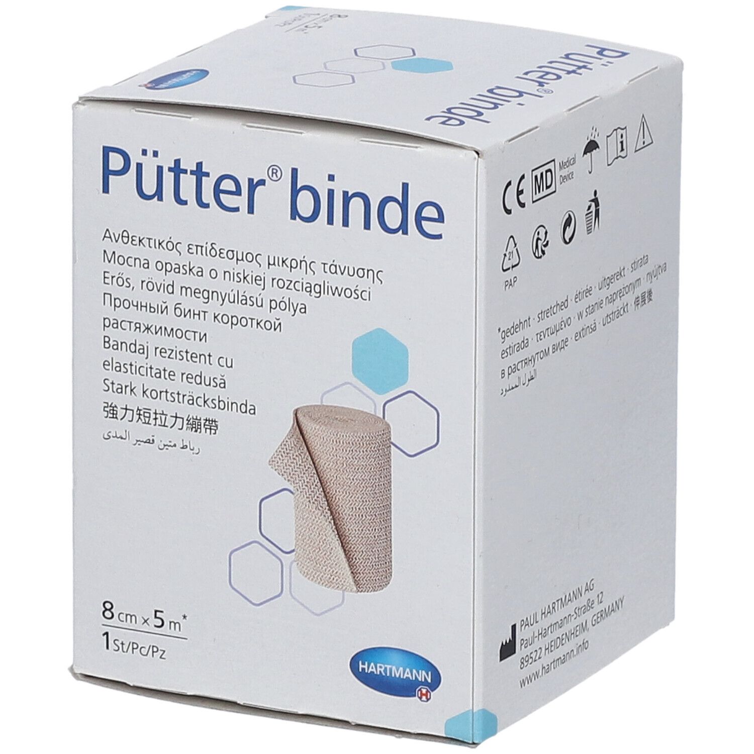 Boîte de bandage Pütter. Rouleau de bandage beige, 8cm x 5m. Logo Hartmann. Informations multilingues.