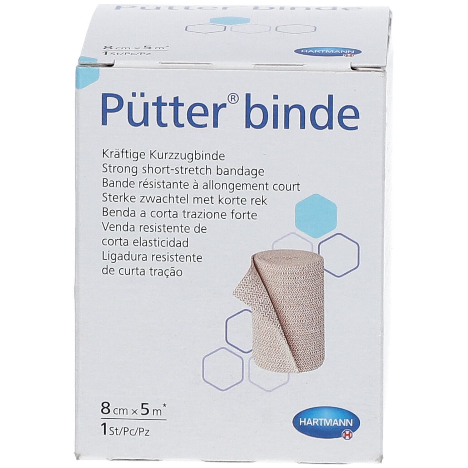 Boîte de bandage Pütter. Rouleau de bandage beige, 8cm x 5m. Logo Hartmann. Informations multilingues.
