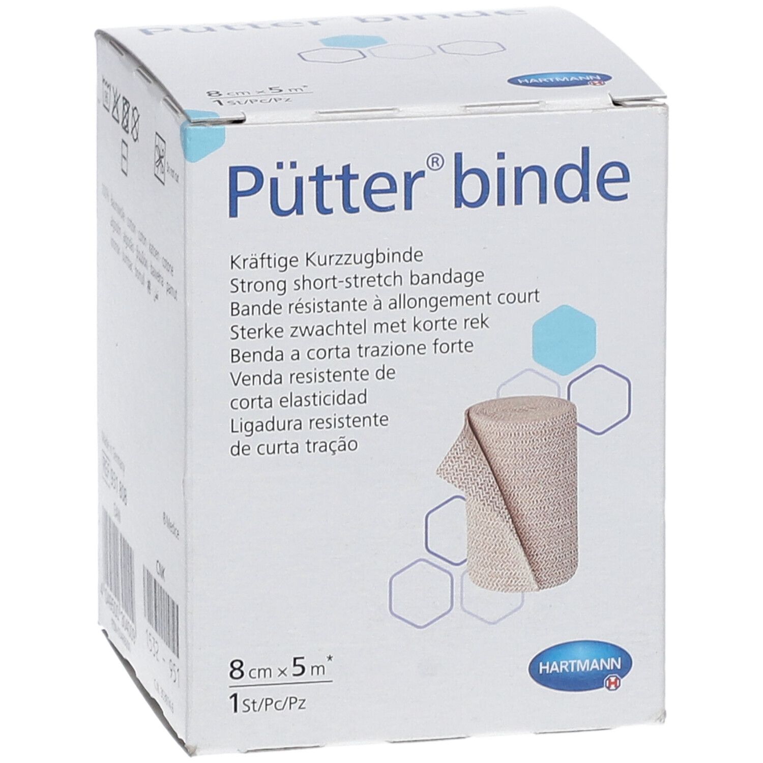 Boîte de bandage Pütter. Rouleau de bandage beige, 8cm x 5m. Logo Hartmann. Informations multilingues.