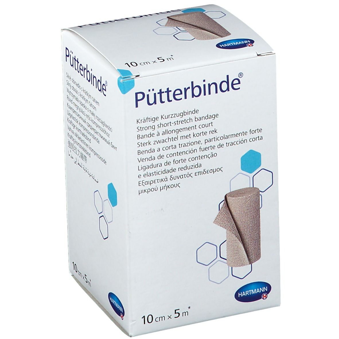 Boîte de Pütterbinde, 10cm x 5m. Inscription : Pütterbinde, Hartmann. Le bandage et l'emballage sont visibles.