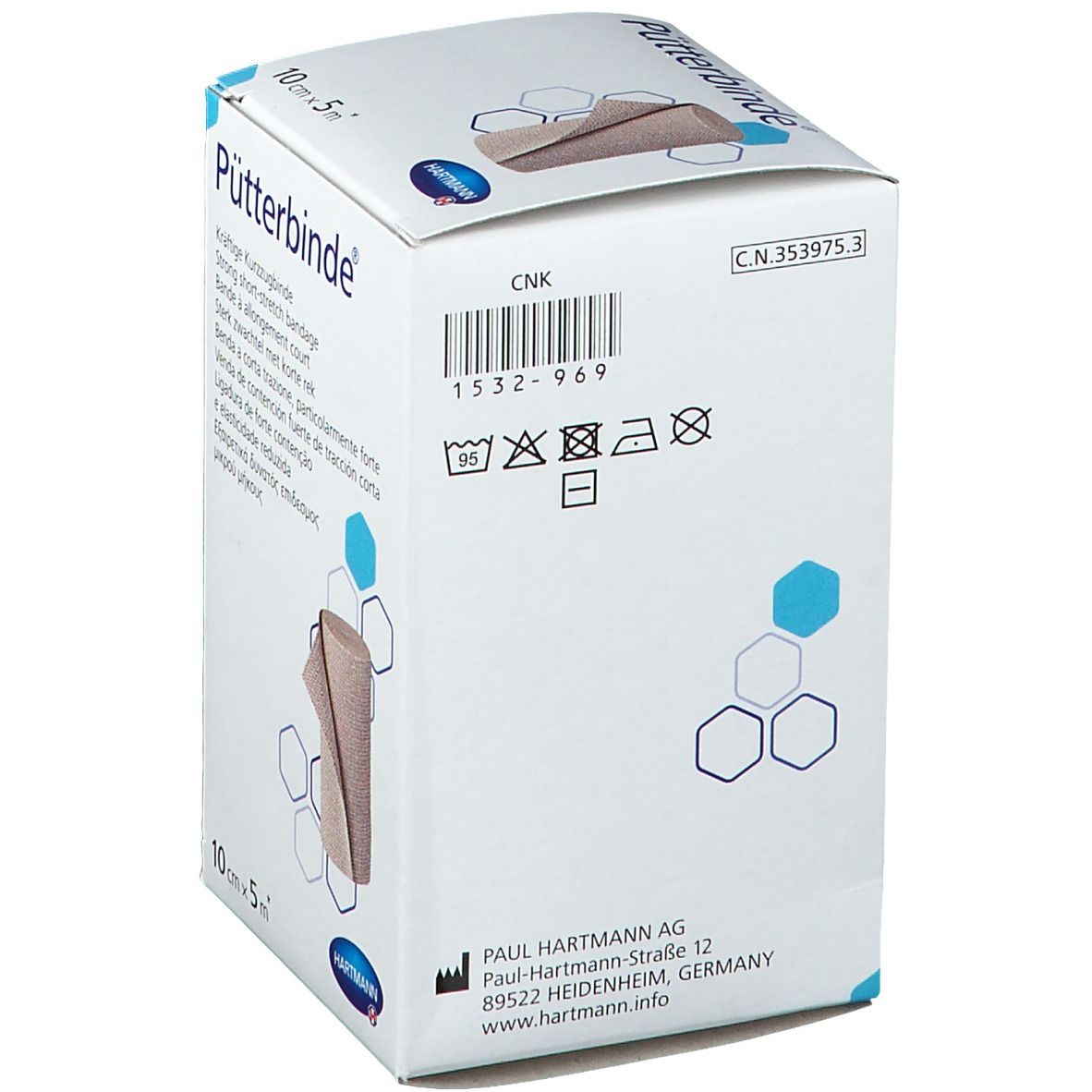 Dos de la boîte de Pütterbinde. Informations sur le fabricant, symboles de lavage et numéro de lot visibles.