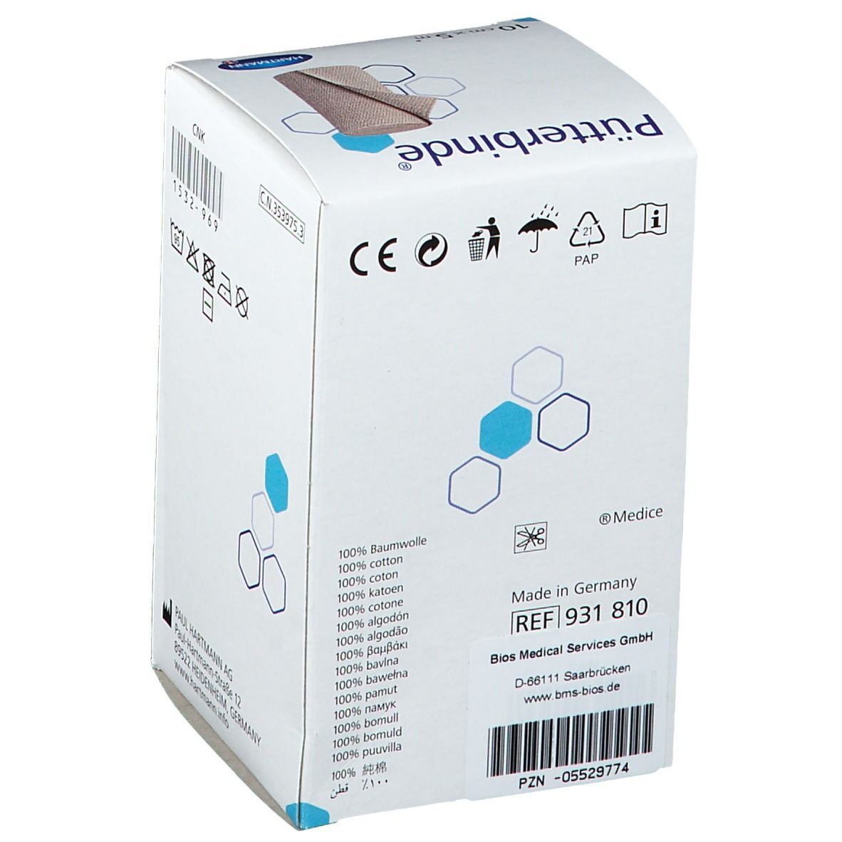 Dos de la boîte de Pütterbinde. Informations sur les ingrédients, le fabricant et le numéro REF 931 810 visibles.