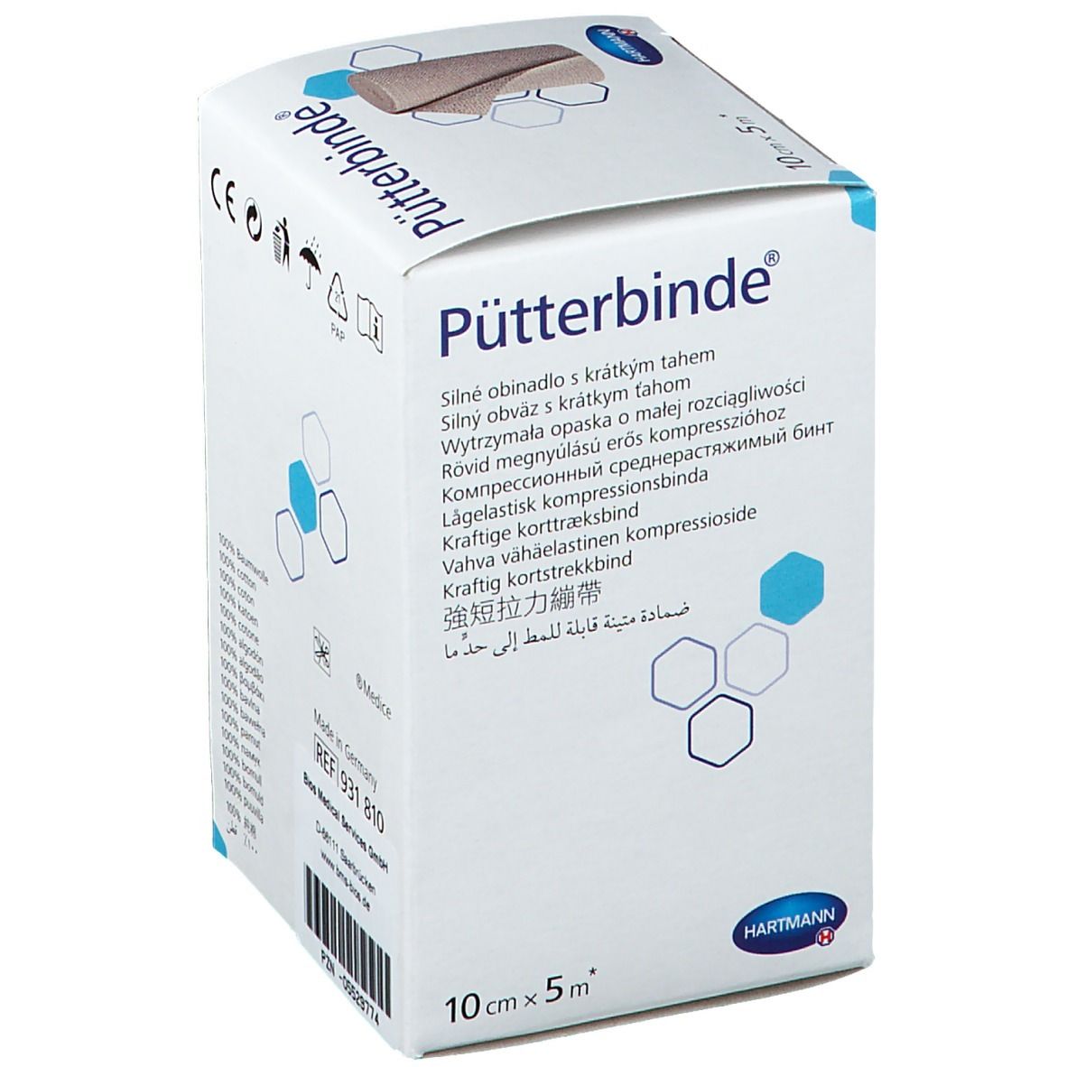 Boîte de Pütterbinde. Inscription : Pütterbinde, 10cm x 5m. Descriptions multilingues du produit visibles.