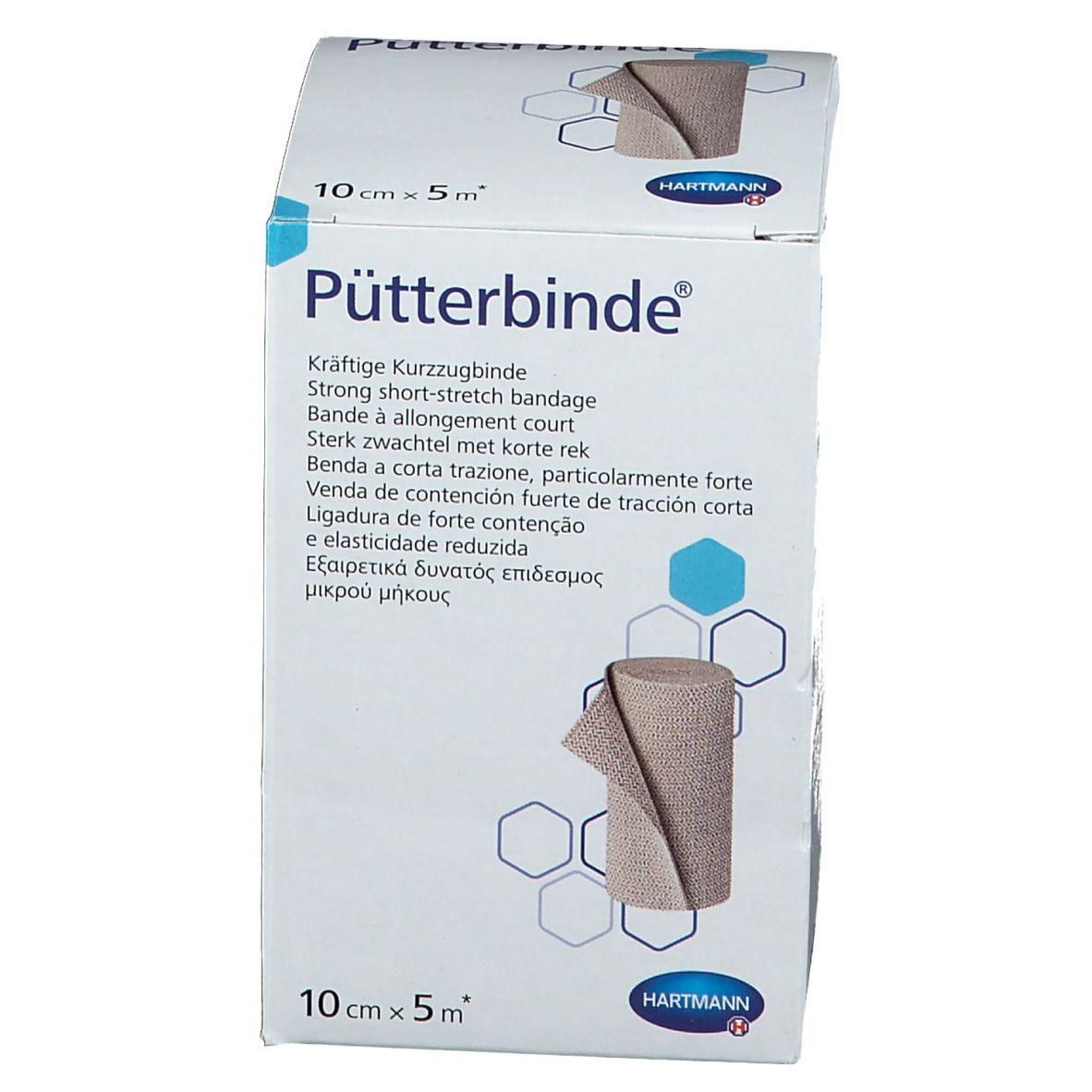 Boîte de Pütterbinde. Inscription : Pütterbinde, 10cm x 5m. Le bandage et l'emballage sont visibles.