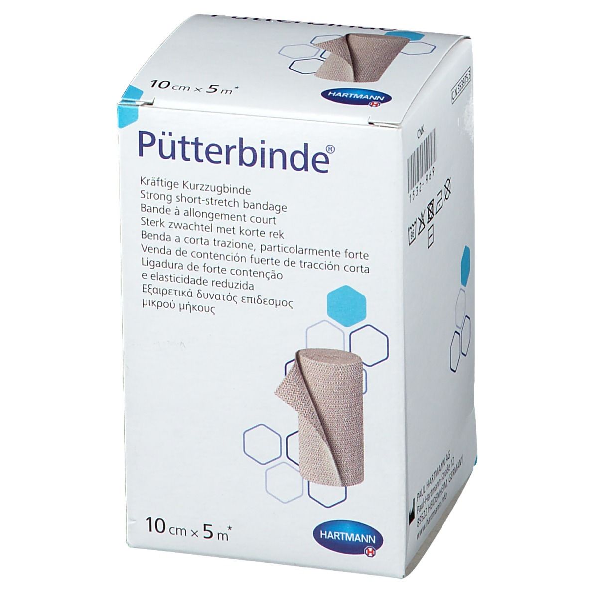 Boîte de Pütterbinde. Inscription : Pütterbinde, 10cm x 5m. Le bandage et l'emballage sont visibles.