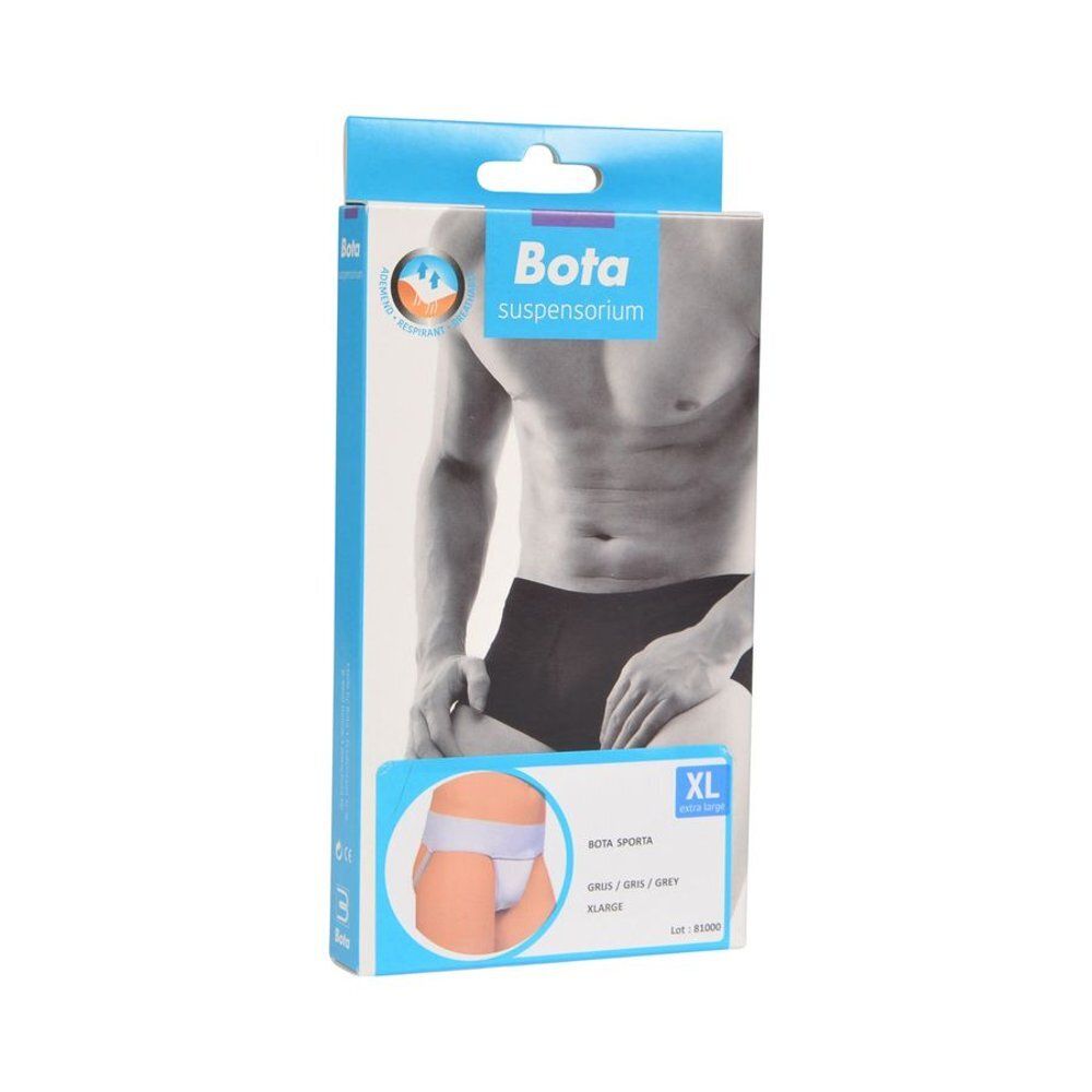 Emballage Bota Draagband Sporta Extra Large. Bandage grise, taille XL. Illustration d'un homme.