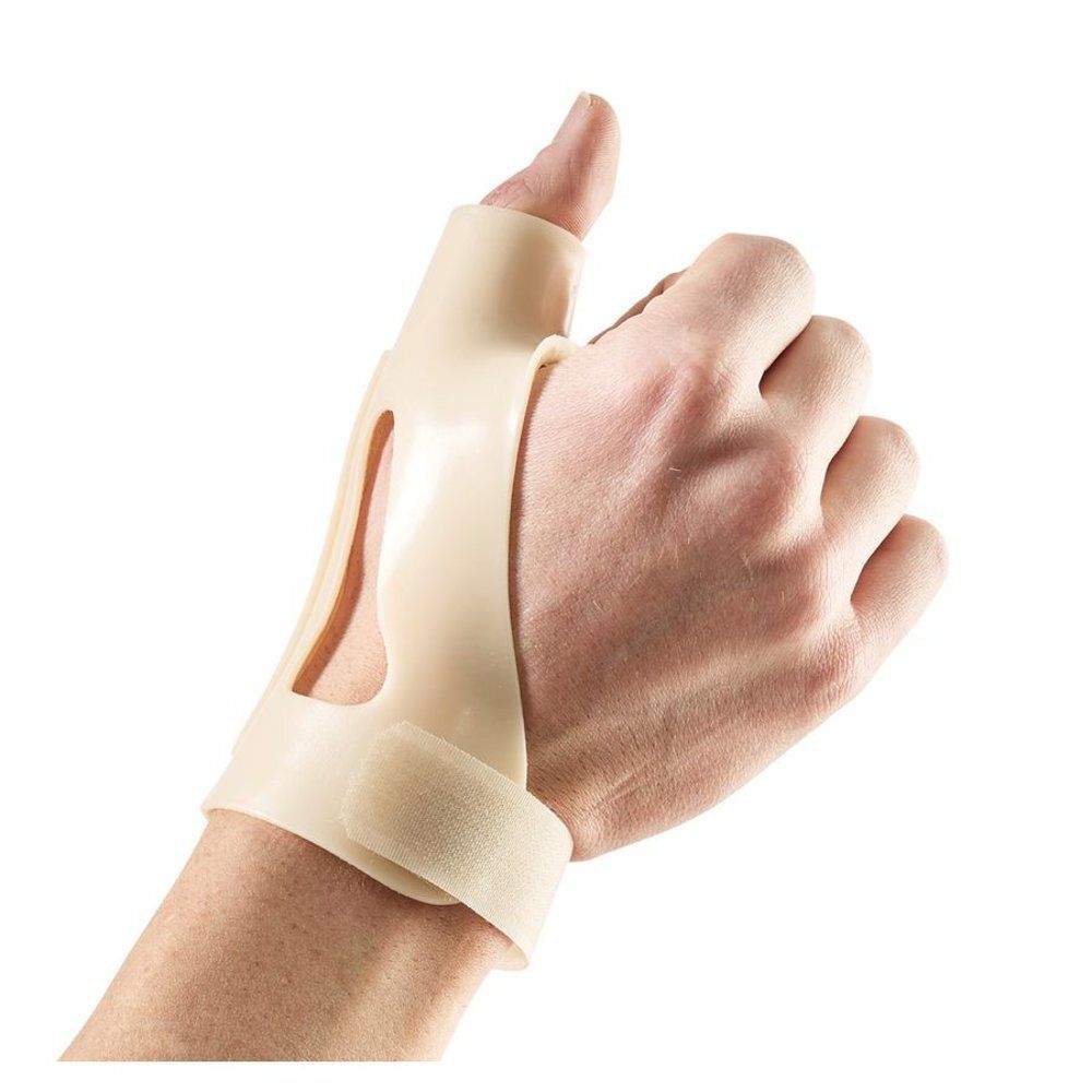 Orthèse de pouce beige, attachée au poignet. Montre le pouce et la main. Fermeture velcro.
