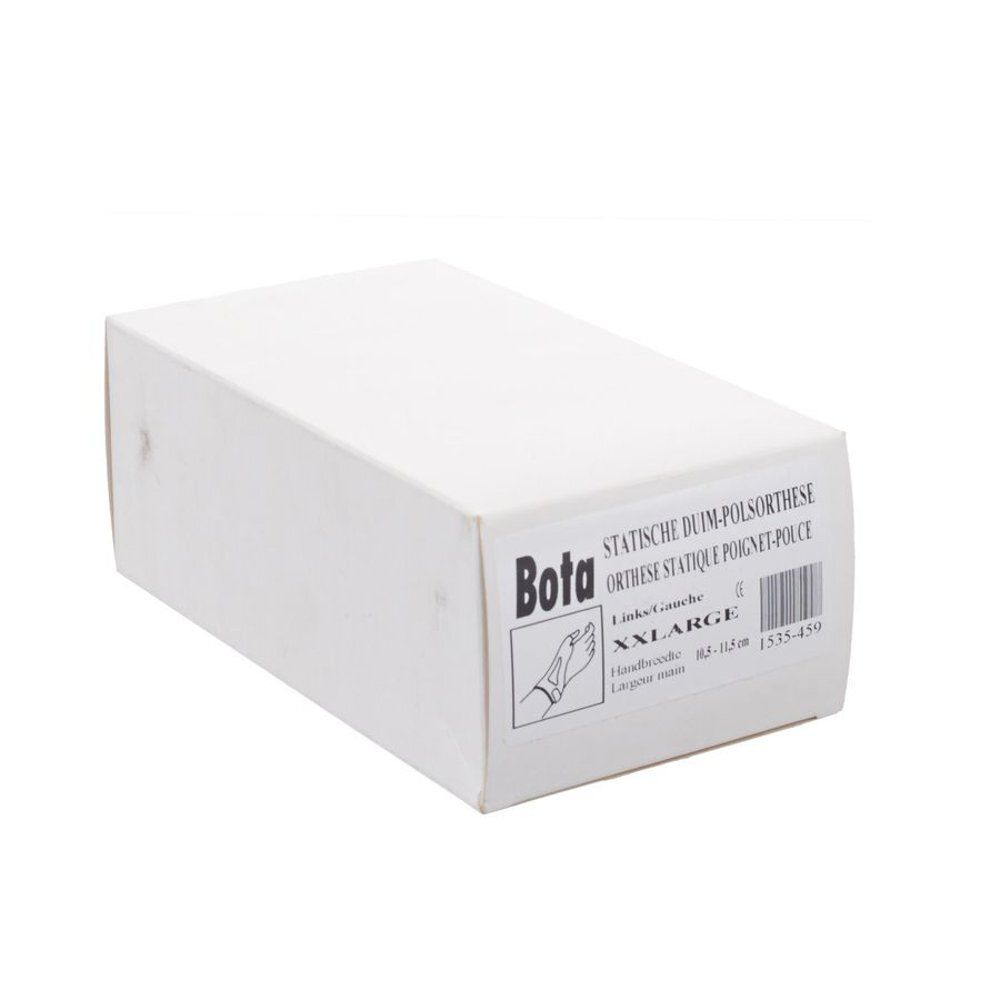 Orthèse de pouce beige, portée sur le pouce gauche. Avec fermeture velcro et découpe.