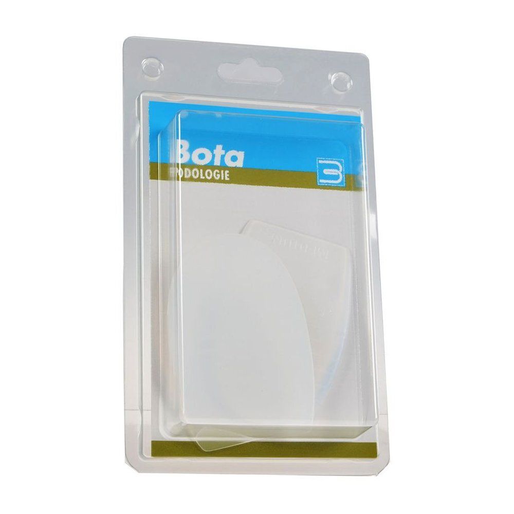 Emballage contenant deux coussinets de talon transparents. L'emballage affiche le produit et le nom de la marque.