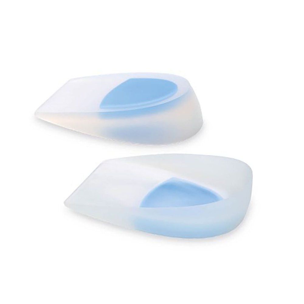 Deux coussinets de talon blancs avec des accents bleus. Les coussinets sont côte à côte.