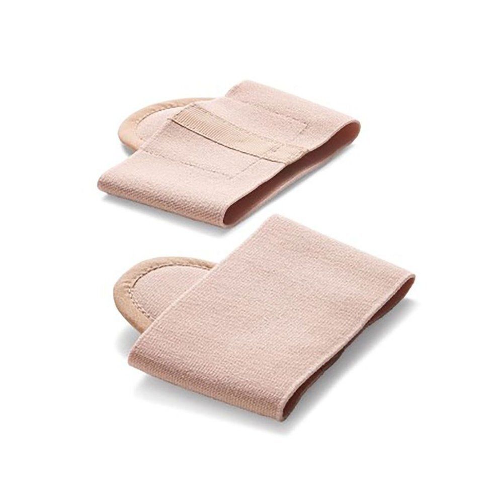Deux coussinets métatarsiens M3 beiges. Matière textile, forme circulaire et rectangulaire. Sur fond blanc.