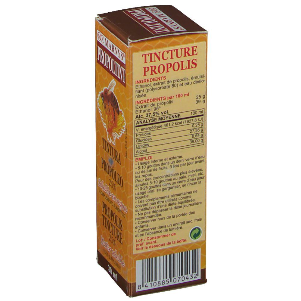 Dos de la boîte en carton avec ingrédients et informations nutritionnelles. Texte en espagnol et en français. 30 ml.