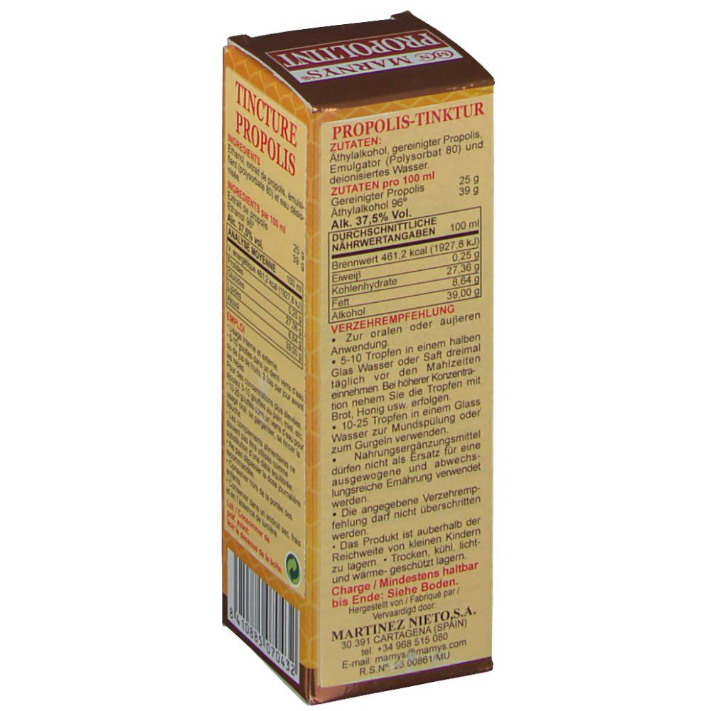 Vue latérale de la boîte en carton avec ingrédients et informations nutritionnelles. Texte en allemand. 30 ml.