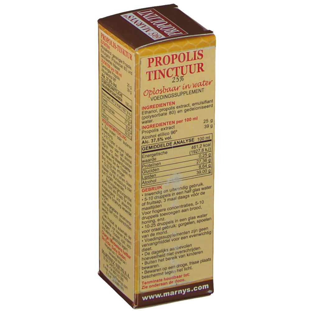 Vue latérale de la boîte en carton avec ingrédients et informations nutritionnelles. Texte en néerlandais. 30 ml.