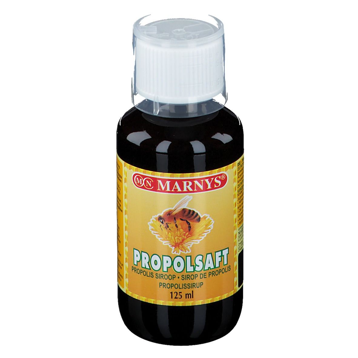Liquide brun dans une bouteille à bouchon blanc. Étiquette avec nom du produit et logo.