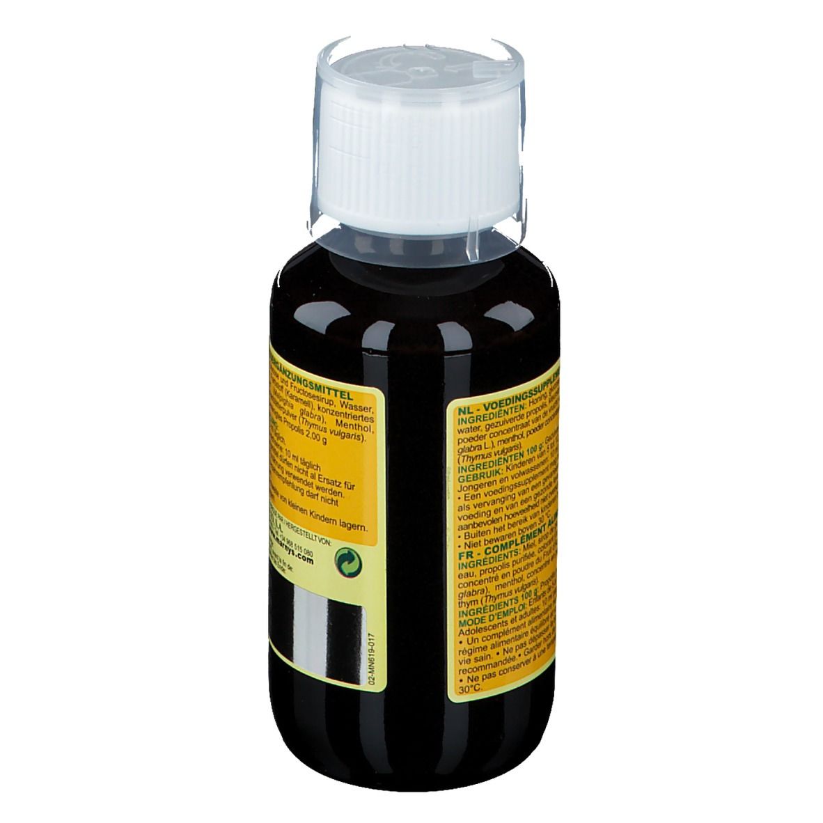 Vue arrière d'une bouteille de liquide brun. Étiquette avec informations sur le produit.