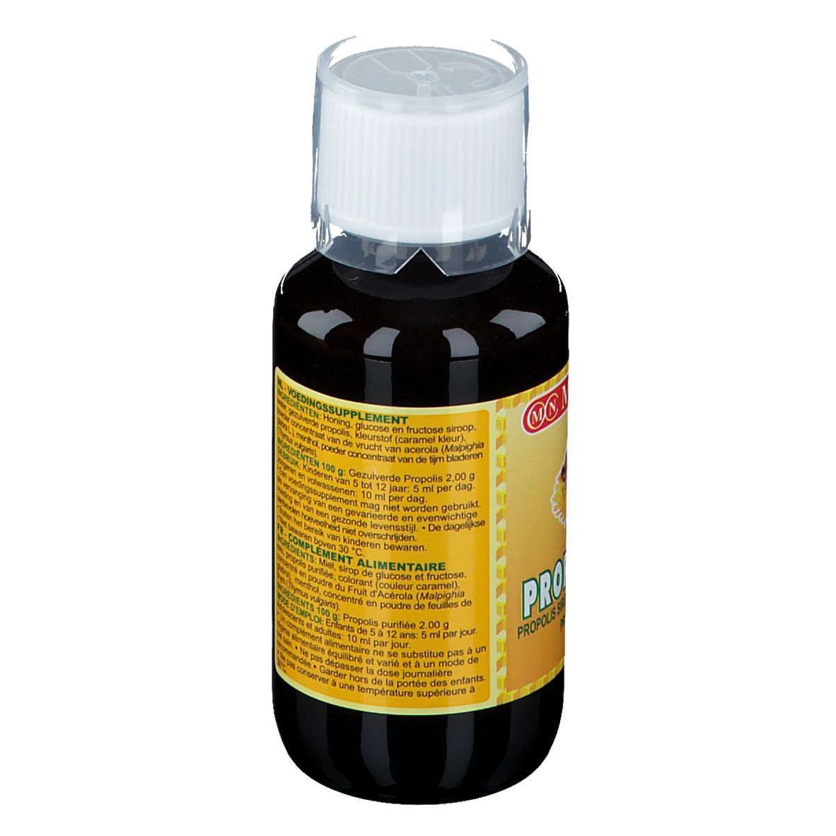 Vue arrière d'une bouteille de liquide brun. Étiquette avec informations sur le produit.