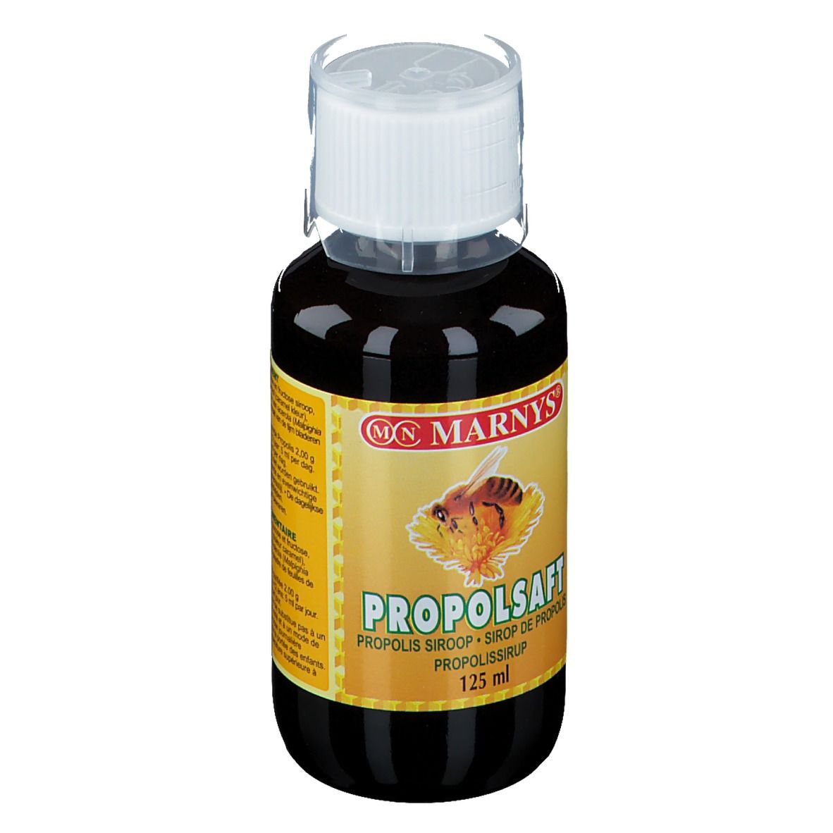 Liquide brun dans une bouteille à bouchon blanc. Étiquette avec nom du produit et logo.