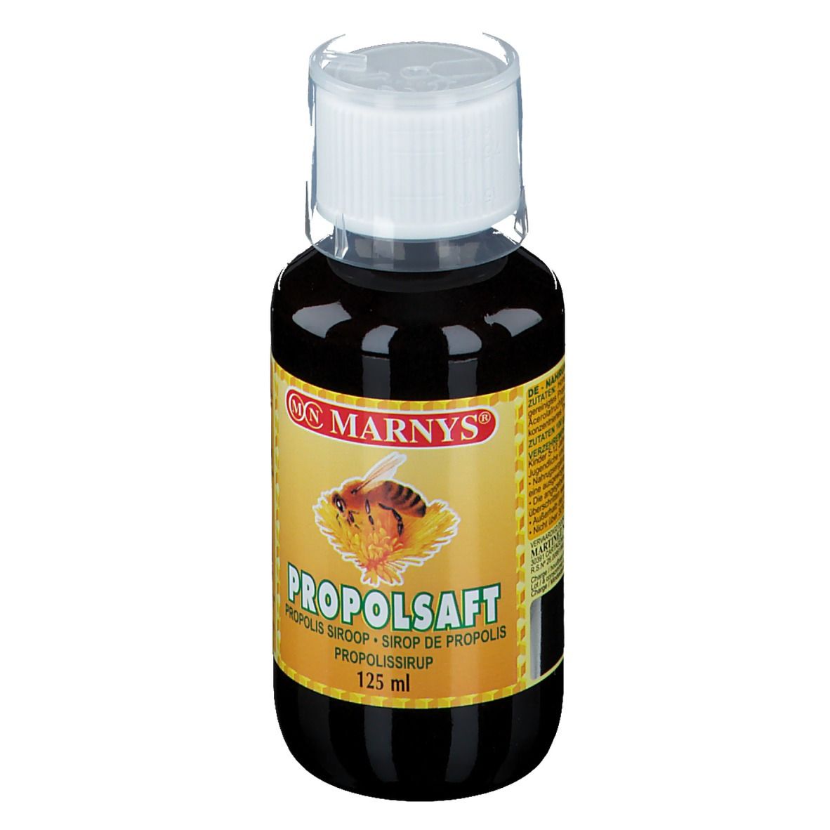 Liquide brun dans une bouteille à bouchon blanc. Étiquette avec nom du produit et logo.