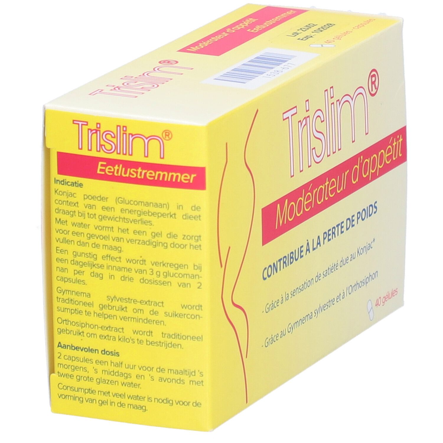 Boîte jaune avec bande rouge. Inscription Trislim®, Eetlustremmer. Contient 40 capsules. Texte en néerlandais.