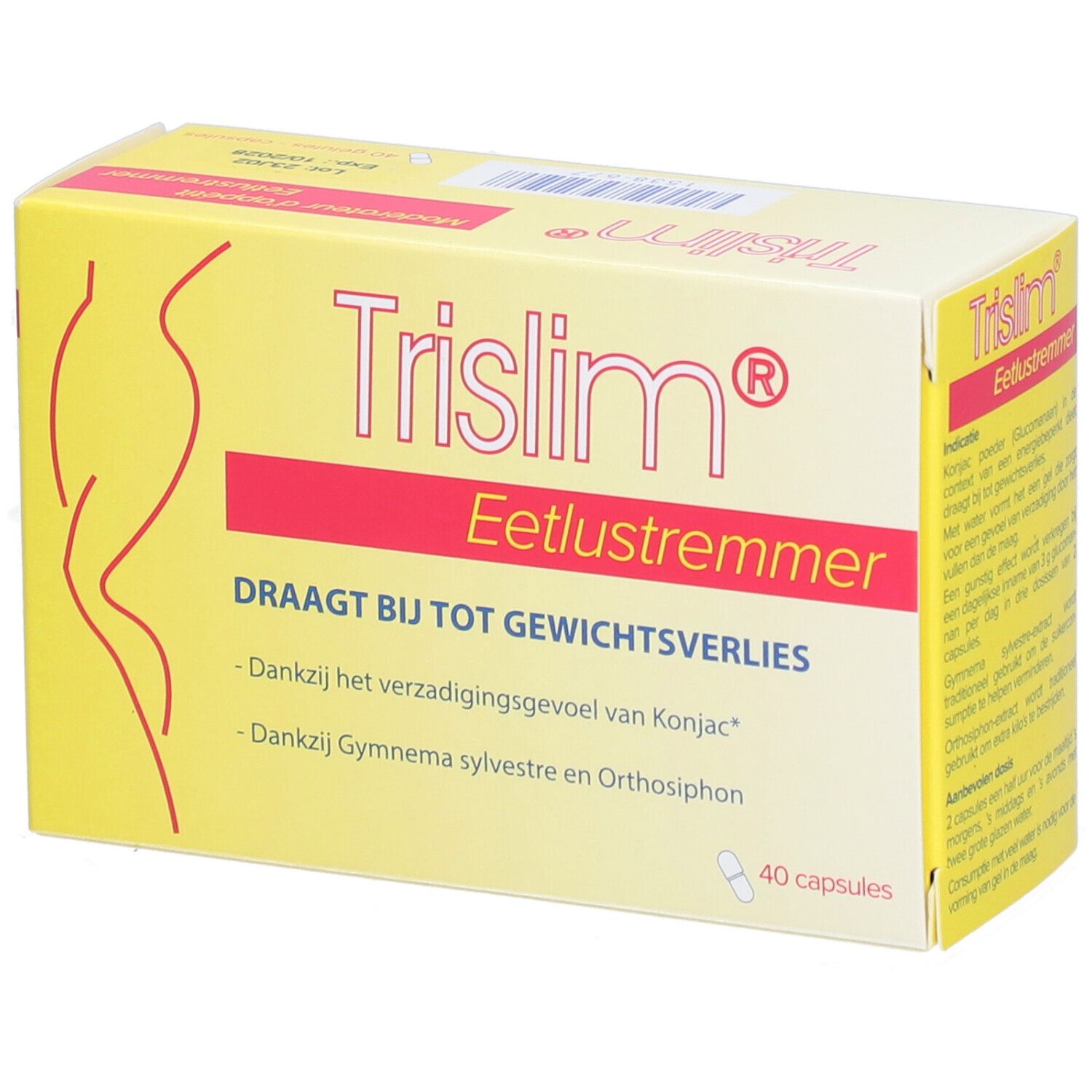 Boîte jaune avec bande rouge. Inscription Trislim®, Eetlustremmer. Contient 40 gélules. Texte en néerlandais.