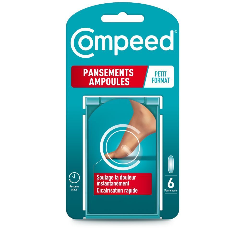 Compeed petits pansements ampoules. Boîte de 6. Pied avec ampoule illustré. Soulagement instantané.