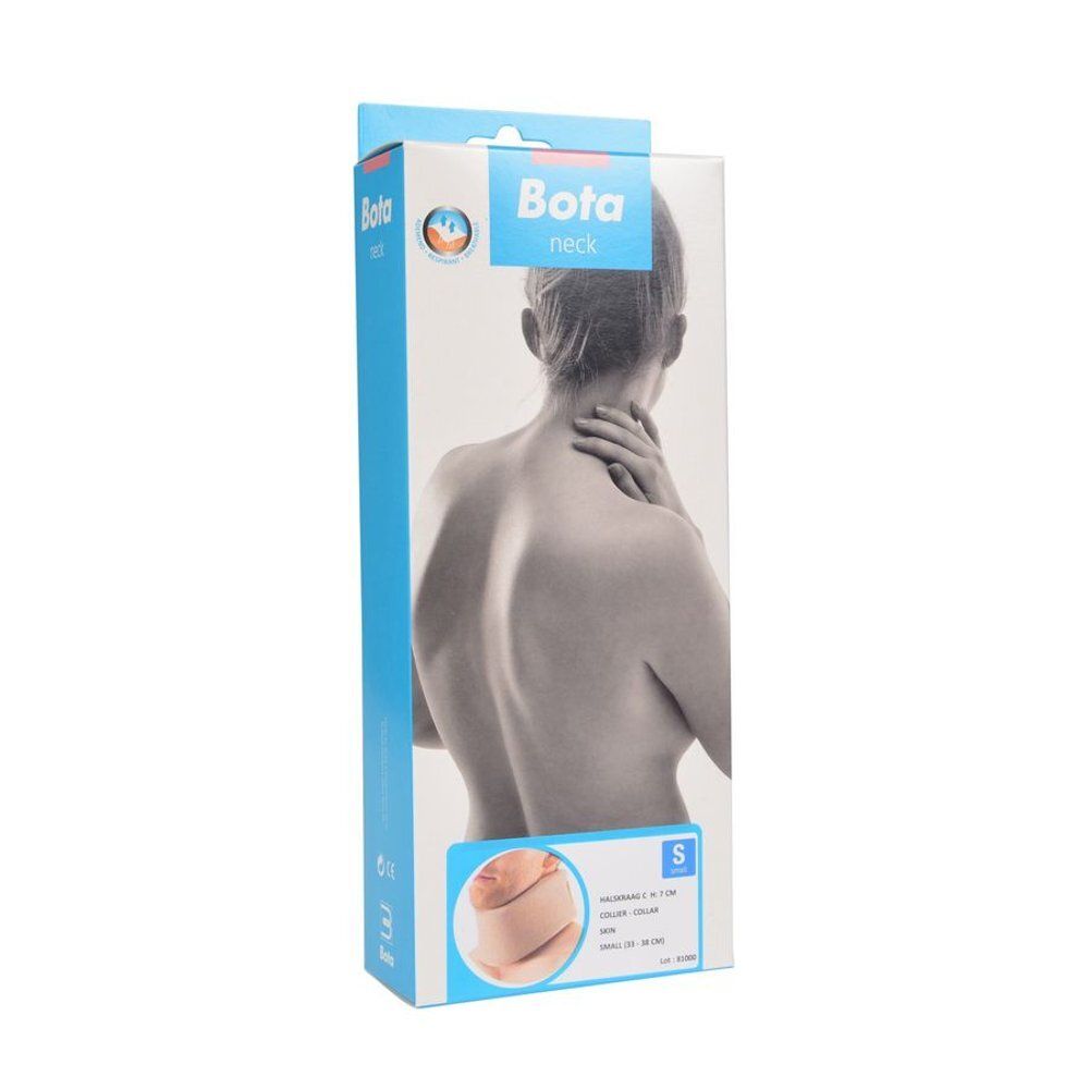 Collier cervical Bota. Beige. Porté par une personne. Gros plan.