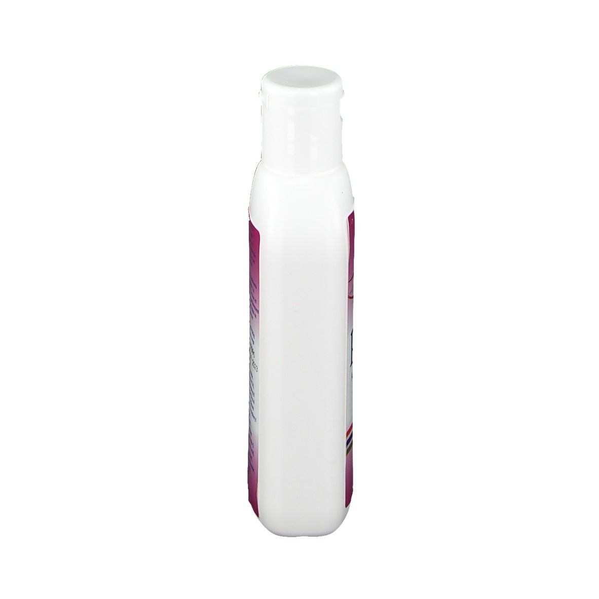 Flacon blanc avec bouchon rabattable. Étiquette avec texte multilingue. Nom du produit non visible.