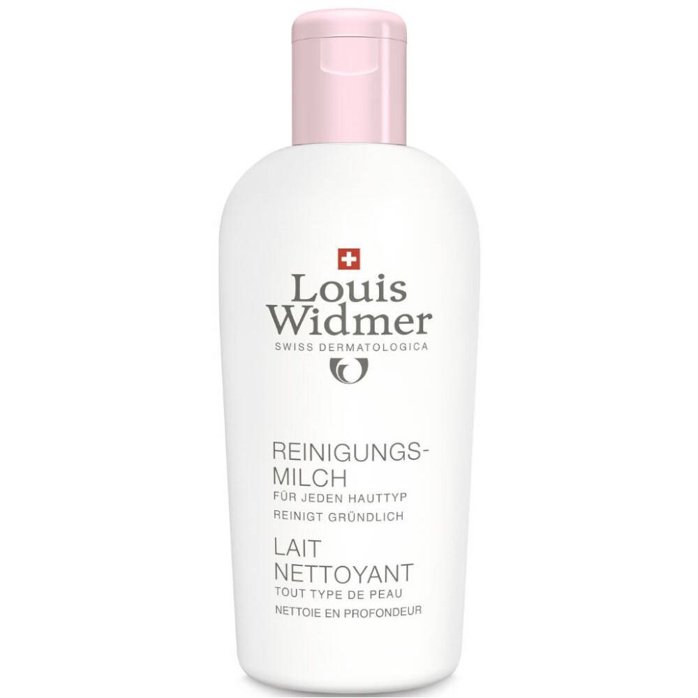 Flacon blanc, bouchon rose. Texte: Louis Widmer, Lait Nettoyant, tout type de peau, nettoie en profondeur.