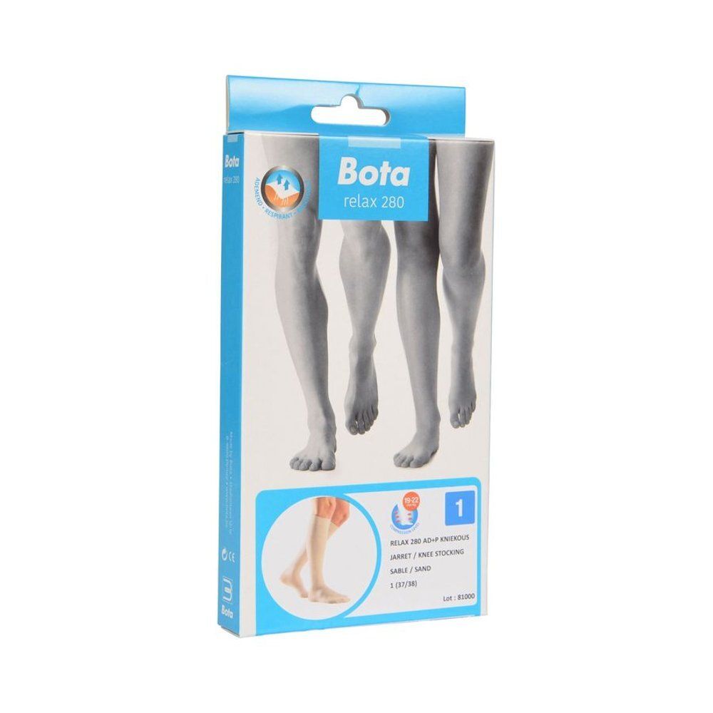 Emballage Bota relax 280. Bas genou, couleur sable. Taille 1. Illustration des jambes sur l'emballage.