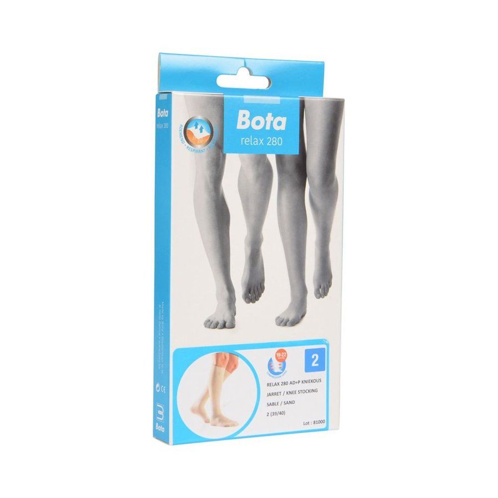 Emballage de bas genou Bota relax 280. Illustration de jambes. Nom du produit et logo sur l'emballage.