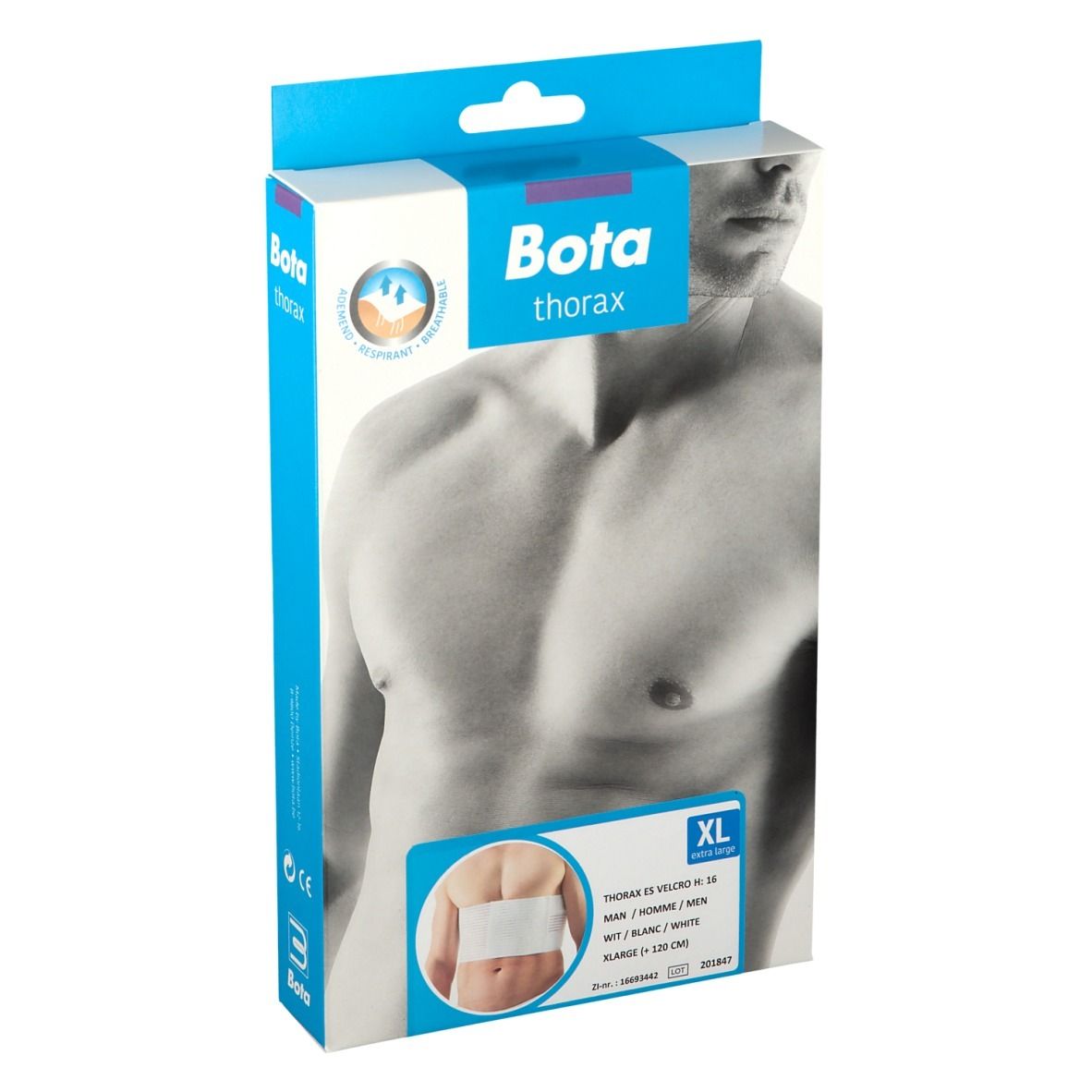 Boîte Bota Thorax Belt ES Men XL. Image du produit sur l'emballage. Taille XL. Produit blanc illustré sur le ventre.