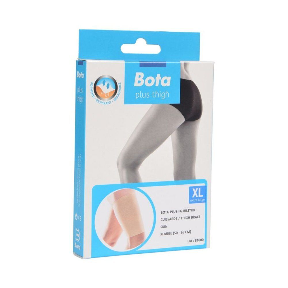 Emballage Bota Plus cuisse XL. Image d'une femme avec bandage. Texte: Bota, plus thigh, XL, extra large.