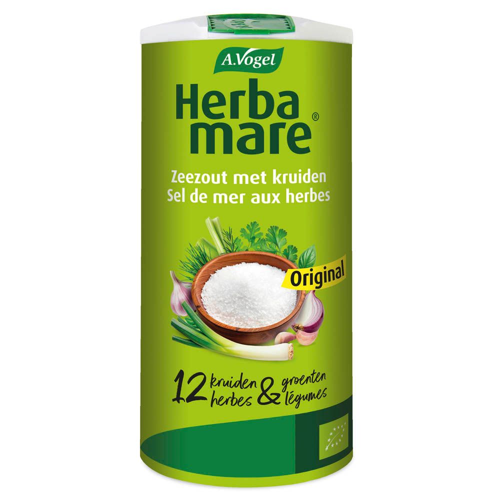 Boîte cylindrique verte A.Vogel Herbamare. Sel de mer aux herbes. 12 herbes. Label bio. 500g.
