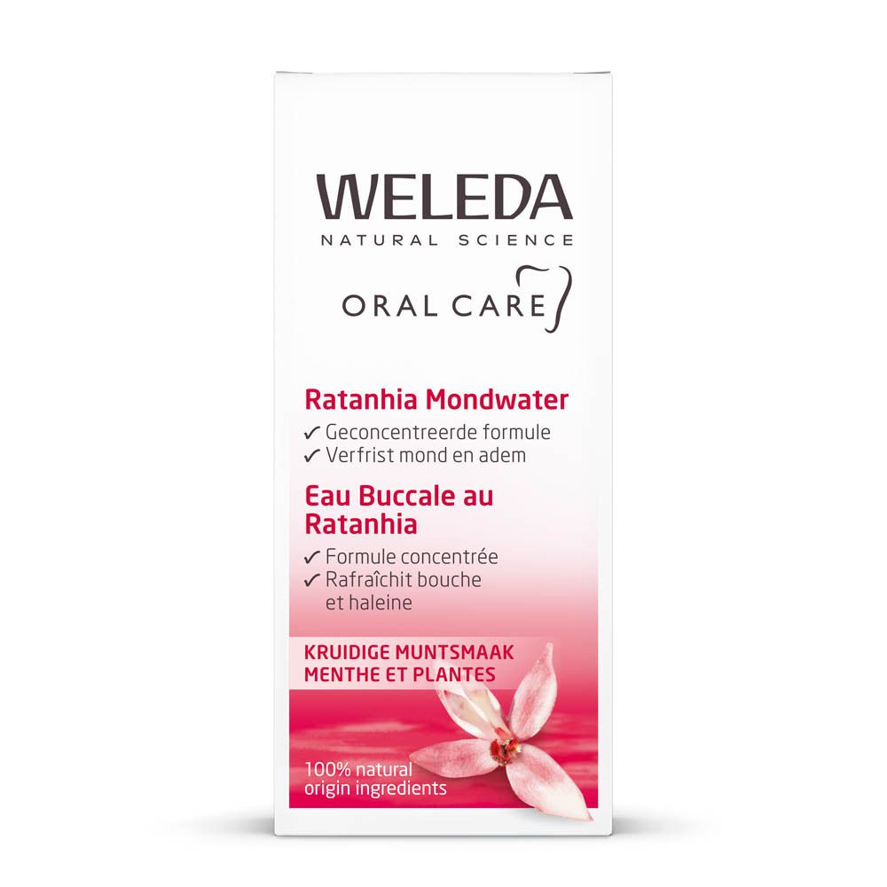 Bain de bouche Weleda Ratanhia en boîte pliante blanche avec accents roses.