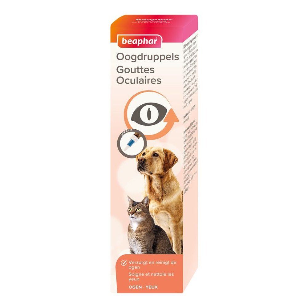 Boîte de gouttes oculaires pour animaux beaphar. Illustration d'un chien et d'un chat. Texte: Oogdruppels, Gouttes Oculaires.