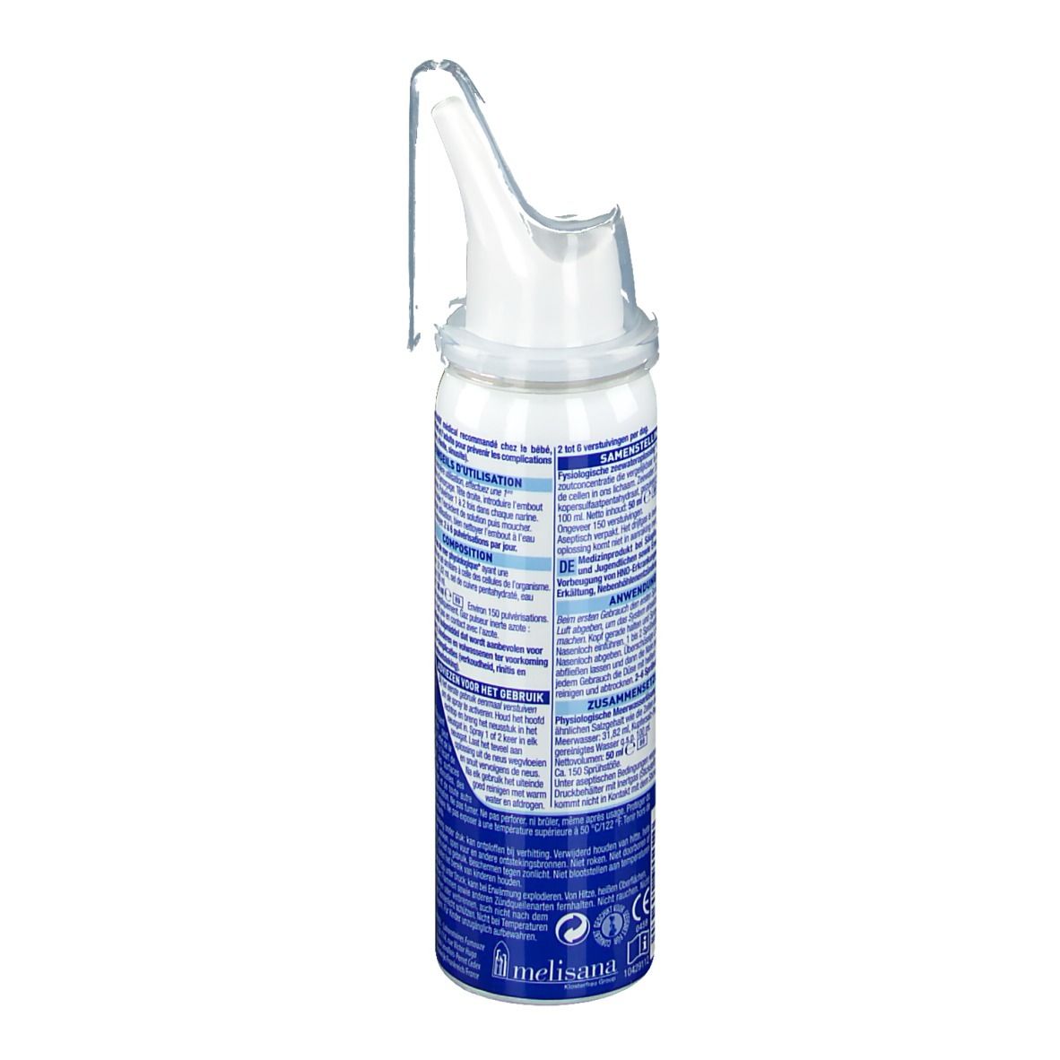 Flacon de spray nasal STÉRIMAR®. Vue arrière. Flacon blanc et bleu avec embout. Informations textuelles.