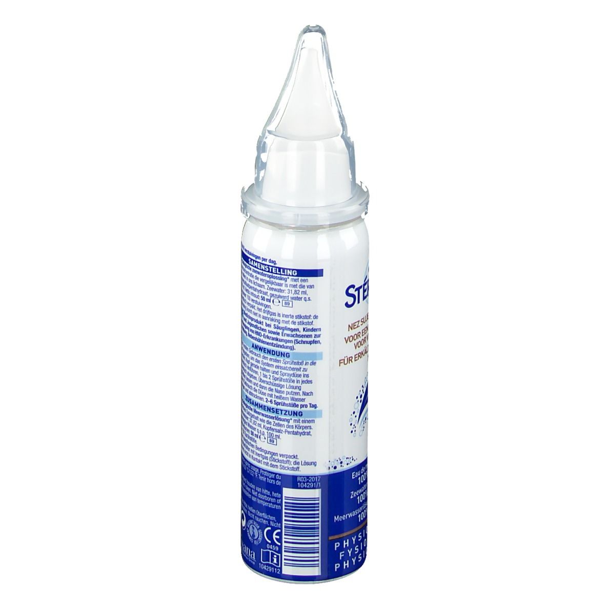 Flacon de spray nasal STÉRIMAR®. Vue arrière. Flacon blanc et bleu avec embout. Informations textuelles.