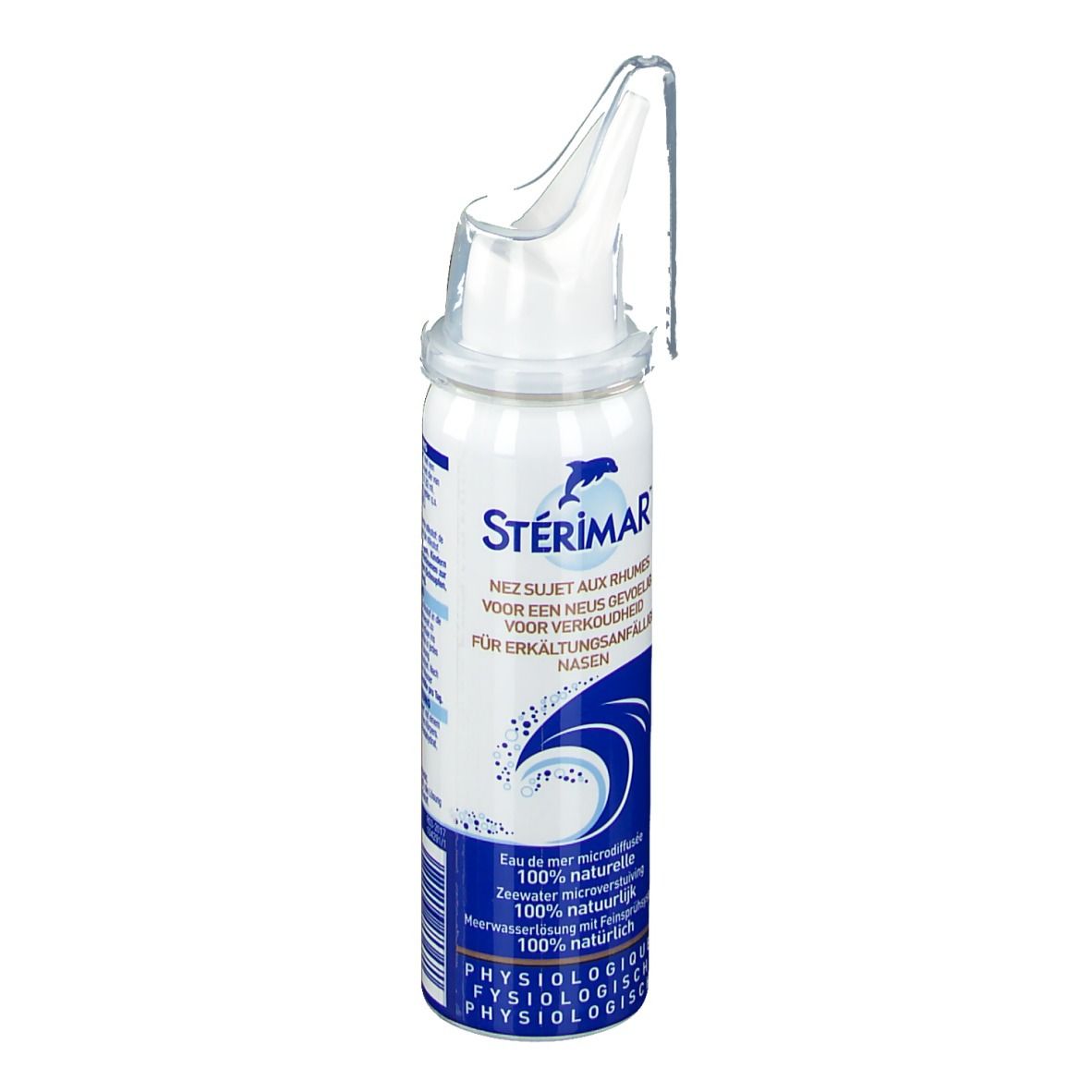 Flacon de spray nasal STÉRIMAR®. Flacon blanc et bleu avec embout. Pour les nez sujets aux rhumes.